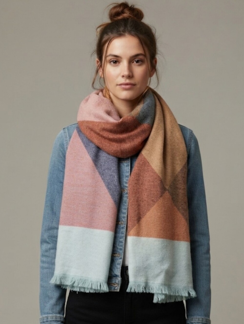 Oversize Colorblock Patchwork Acrylic Scarf Brown, Blue, & Tan 32" Wide 6' Long